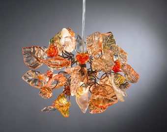 pendant light with shades of Orange color flowers and leaves for hall, bathroom or children room a unique hand made light.