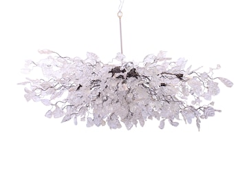 Modern Hanging oval chandeliers with white, clear and light gold flowers and leaves for Dining Room, or living room - elegant lighting