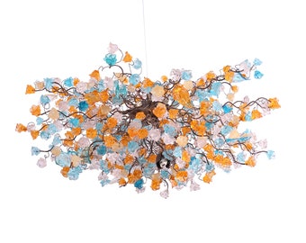 Hanging chandeliers with orange clear and turquoise color flowers and leaves for Dining Room, bedroom or living room.