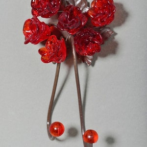 Decorative leave wall hooks with red roses resin flowers - hooks for coat, key,towel - decor wall hooks.