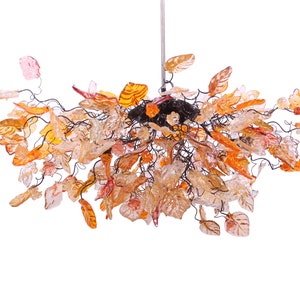 Modern Hanging oval chandeliers with orange, brown gold and clear flowers and leaves for Dining Room- elegant lighting