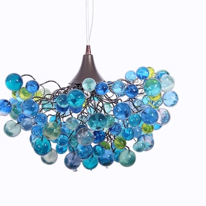 Blue Lighting Chandelier with sea colored bubbles, hanging lamp with different size of balls for children room or dining room.