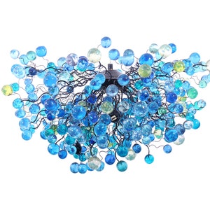 Blue Ceiling lighting fixture with blue bubbles for Dining Room, living room or open space.
