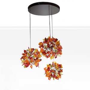 Triple Round Pendant Light With Autumn Colored Resin Leaves image 1
