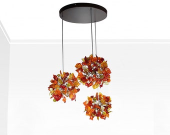 Triple Round Pendant Light With Autumn Colored Resin Leaves