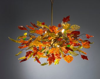 Hanging chandeliers, Ceiling lighting with warm color leaves and flowers for Dining Room, bedroom or living room. Lighting