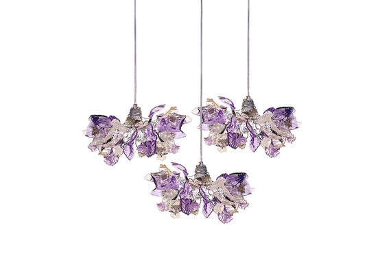 Triple Violet Gray Resin Flower Leaf Pendant Light Fixture: Kitchen Island Dining Room Ceiling Decor