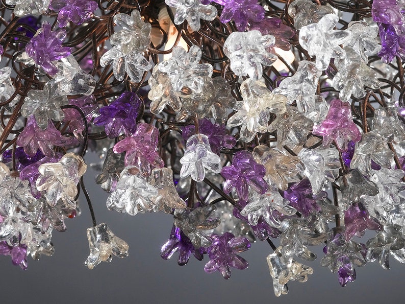 Ceiling Light Fixture, Hanging lamp with Purple, Gray and clear flowers for dining room, living room or bedroom.special lamp image 3