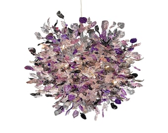 Huge Ceiling lamp, chandelier light with transparent purple and gray shades of flowers and leaves, custom order only