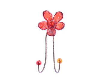 Wall Hook with red resin flower, decorative wall hanger.