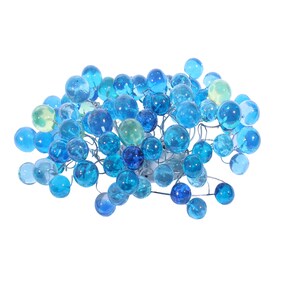 May include: A decorative cluster sculpture composed of numerous small, spherical glass beads in various shades of blue, light blue, and translucent green, all securely attached to a thin, flexible silver-toned wire frame structure.