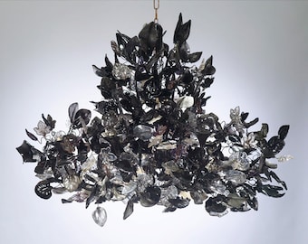 Royal Chandeliers Lighting with Black leaves and flowers, elegant black hanging Chandeliers.