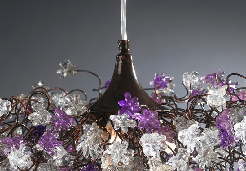 Ceiling Light Fixture, Hanging lamp with Purple, Gray and clear flowers for dining room, living room or bedroom.special lamp image 4