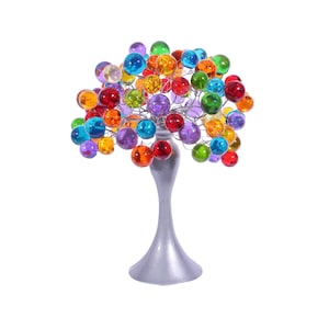 May include: A silver metal tree sculpture with a round base and a canopy of colorful glass orbs. The orbs are in shades of red, orange, yellow, green, blue, purple, and clear.