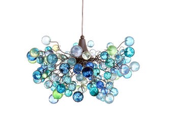 Lighting Chandelier with sea colored bubbles, hanging lamp with different size of bubbles for children room or dining room.