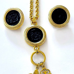 JOAN RIVERS Heraldic Pendant Necklace & Earring Set, Etruscan Etruscan Heraldic Coin Pendant with Key Dangles, Clip on Earrings