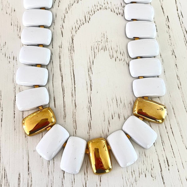 Napier Choker Necklace, Gold Plate White Enamel, Cleopatra Style Necklace, Chiclet Necklace, 1990s Directives Collection, Napier Jewelry