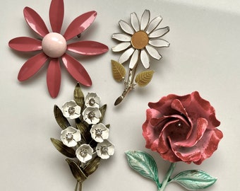 Enamel Flower Brooch Lot of 4, Enamel Rhinestone Pins, Vintage Floral Jewelry, Mid Century 1960s Flower Power