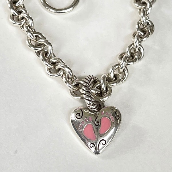 Sterling Toggle Charm Bracelet, Baby Girl Heart Charm, Pink Enamel Baby Feet, Unsigned Brighton, Vintage Charm Bracelet, Mothers Day Gift