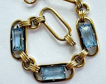 Vintage Gold Filled Czech Glass Bracelet, Gold Panel Bracelet, Aquamarine Emerald Cut Baguettes, Estate Jewelry, Vintage Gift for Her