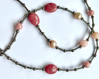 Carolyn Pollack Sterling Silver Rhododonite Rhodochrosite Quartz Necklace,  35 Inch Pink Necklace, Layering Necklace