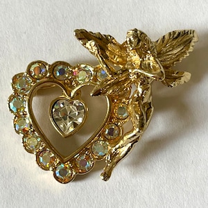 Kirks Folly Fairy Brooch, Celestial Nymph Pin, Angel Pin, Rhinestone Heart Crystal Dangle, Vintage Kirks Folly Jewelry, Valentines Day Gift