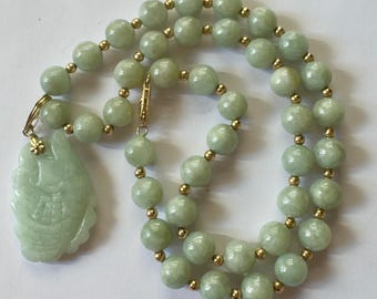 Vintage Jade Beaded Necklace, 17 Inch, Carved Pendant,  14K Gold Spacer Beads Filigree Clasp