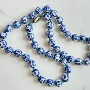 Chinese Export Hand Knotted Bead Necklace, Asian Porcelain Beads, Blue and White,  24 Inch Necklace, Vintage Chinese Export Jewelry