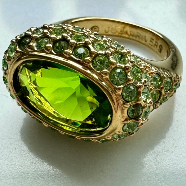 Joan Rivers Rhinestone Ring, Faceted Emerald CZ Center Stone, Pave Rhinestones, Size 6 Ring, Vintage Joan Rivers Jewelry, Mothers Day Gift