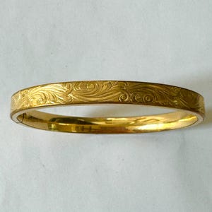 Antique Art Nouveau Gold Filled Bangle Bracelet,  Etched Bangle Bracelet, Small Wrist, Safety Chain,  Antique Estate Jewelry