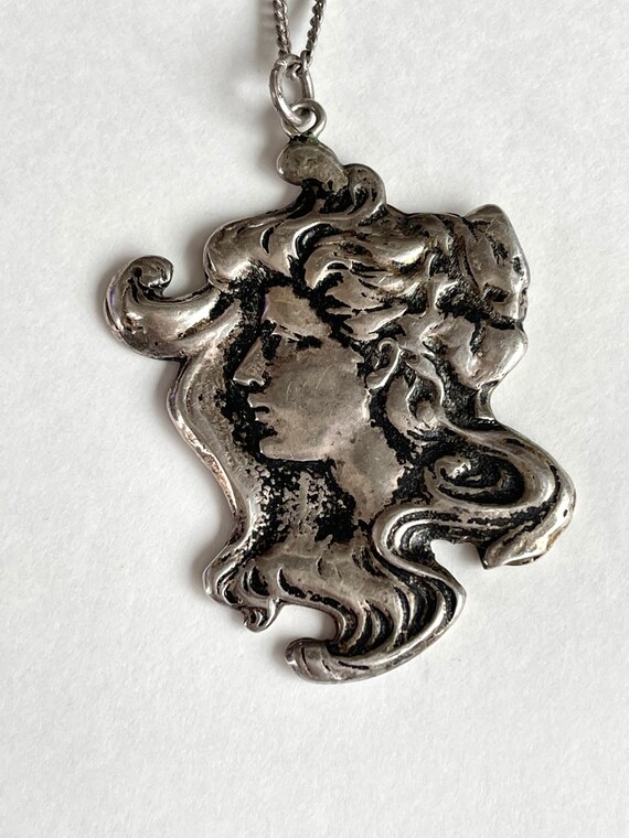 Sterling Art Nouveau Lady Pendant Necklace, Lady
