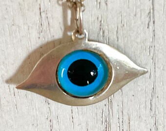 Vintage Evil Eye Pendant Necklace, 950 Silver, Glass Evil Eye, Sterling 17 Inch Chain, Spiritual Gift