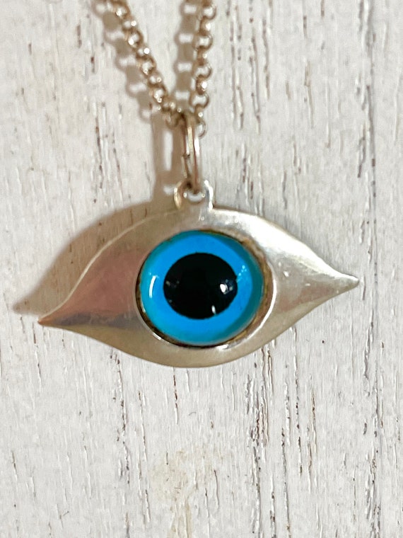 Vintage Evil Eye Pendant Necklace, 950 Silver, Gla