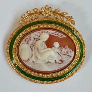 Joan Rivers Cameo Brooch, Mother and Child, Enamel Crystal Cameo Pin, Acanthus Leaf Top, Vintage Joan Rivers Jewelry