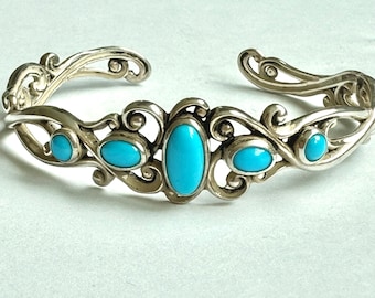 Carolyn Pollack Turquoise Cuff Bracelet, Sterling Sleeping Beauty Turquoise, Relios Collection, Southwest Style, Vintage Designer Jewelry