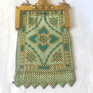 Antique Art Deco Mesh Enamel Purse, Turquoise Cream Mesh Bag, Mandalian Mfg, Ornate Enamel Frame,  Antique  Mesh Handbags