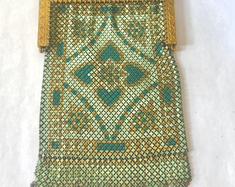 Antique Art Deco Mesh Enamel Purse, Turquoise Cream Bag, Mandalian Mfg, Ornate Enamel Frame,
