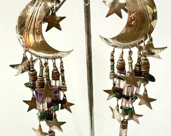 Tabra Celestial Earrings, Moon and Star Earrings, Sterling Silver Boho Beaded Long Dangle Pierced Earrings, Vintage Tabra Jewelry, Boho Gift