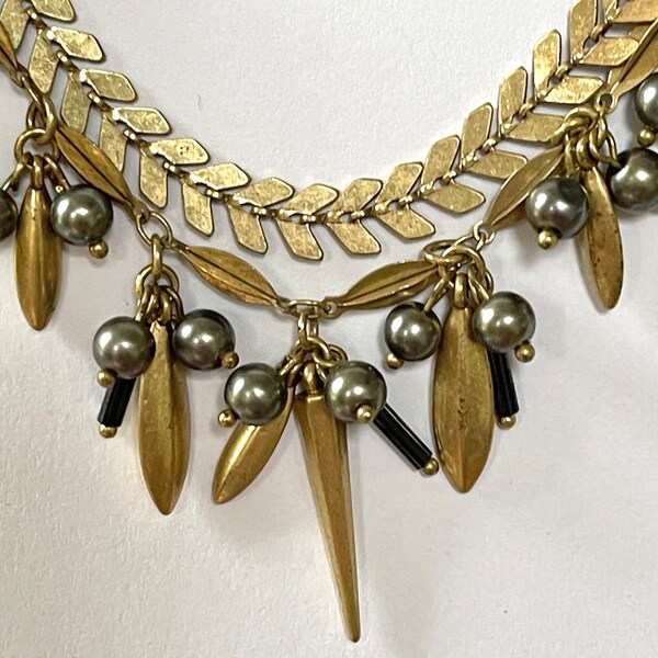 Vintage  Mesh Chain Belt, Gold Chevron Bib with Black Pearl Beads, Dangle Leaves, Matching Ends, Sautoir Neckace