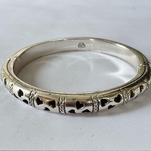Brighton Bangle Bracelet, Silver Enamel Hearts with Rhinestone Accents, Vintage Brighton Jewelry