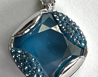 Swarovski Crystal Pendant Necklace,  Sparkling Blue Crystal Stones, Modernist Pendant, Vintage Signed Swarovski Jewelry