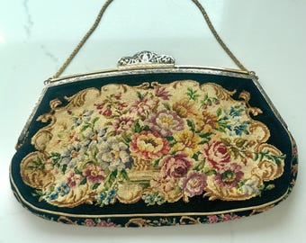 Bolso vintage de punto de aguja, bolso austriaco de punto de aguja con flores de los años 50, rosas de punto pequeño y nomeolvides