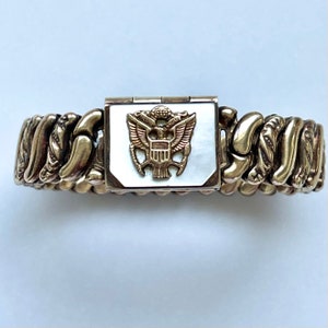 Military Sweetheart Locket Bracelet, Gold Filled US Army Expansion Bracelet, Vintage Military Jewelry, Signed LaMode, Military Gift
