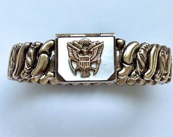 Military Sweetheart Locket Bracelet, Gold Filled US Army Expansion Bracelet, Vintage Military Jewelry, Signed LaMode, Military Gift