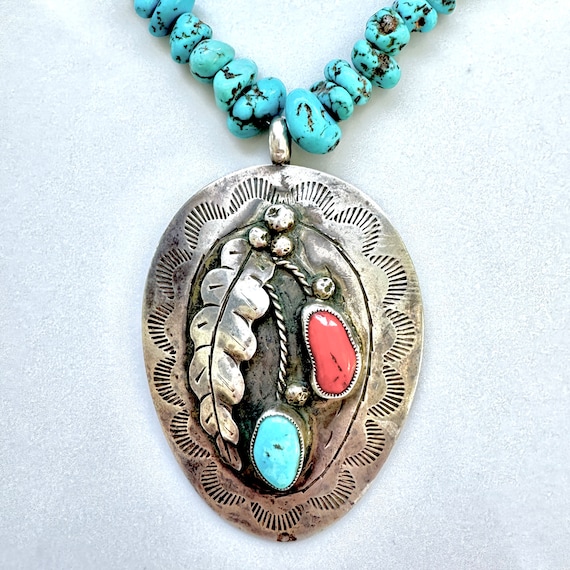 Amazing Native American Navajo Coral & Turquoise Sterling Silver Pendant And Earrings Set Amazing Native American Navajo Coral & Turquoise Sterling Silver Pendant And Earrings Set