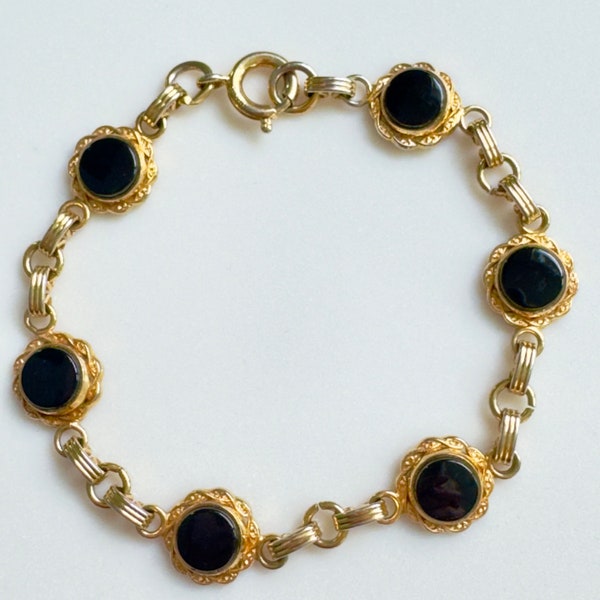 Vintage Gold Filled Onyx Bracelet, Gold Panel Bracelet, Onyx Panels, Vintage Gold Filled Bracelet, Vintage Gift