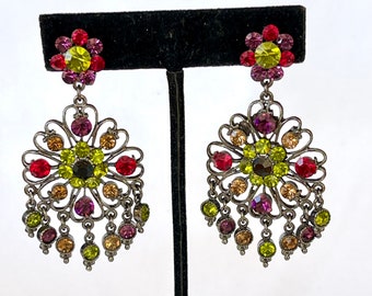 Rhinestone Chandelier Earrings, Multi Color  Rhinestones, Clip Earrings, Vintage Glam Girl Earrings, Boho Gift for Her