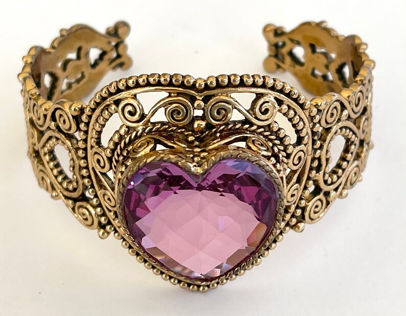 Sajen Gold Filigree Cuff Bracelet Faceted Art Glass Heart Etsy