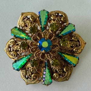 Vintage Kunst Glas Brosche, Filigrane Fassung, Blau Grün AB Strass, Made in Germany, Vintage Mid Century Schmuck