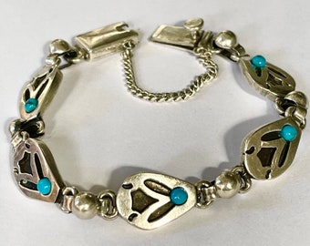 Sterling Turquoise Bracelet, Mexico Silver, Turquoise Stones, Heavy Chunky Sterling, Southwest Style Boho Bracelet